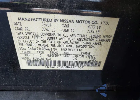 2008 Nissan Altima 2.5 S from USA, damaged, VIN 1N4AL21E08N421707